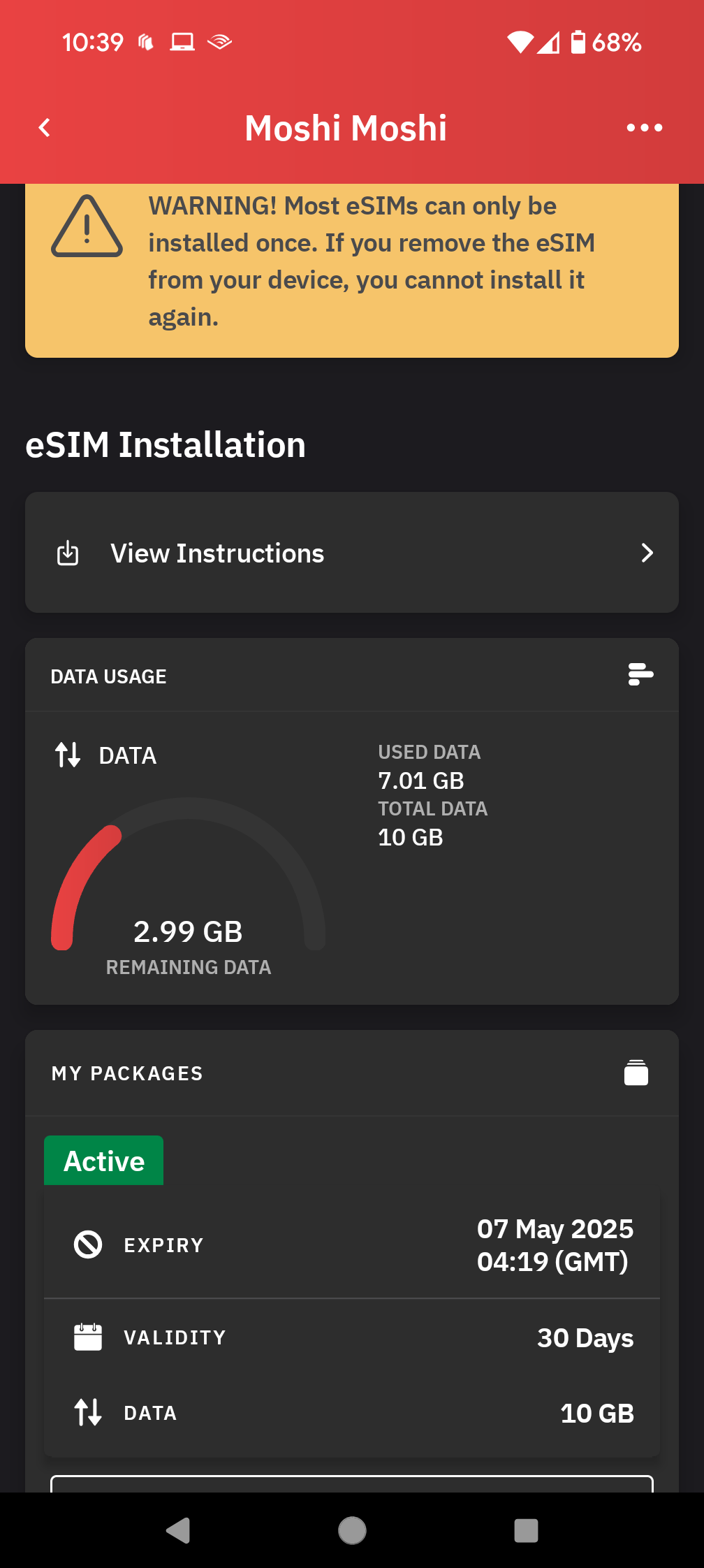 Airalo app showing data usage and bandwidth information