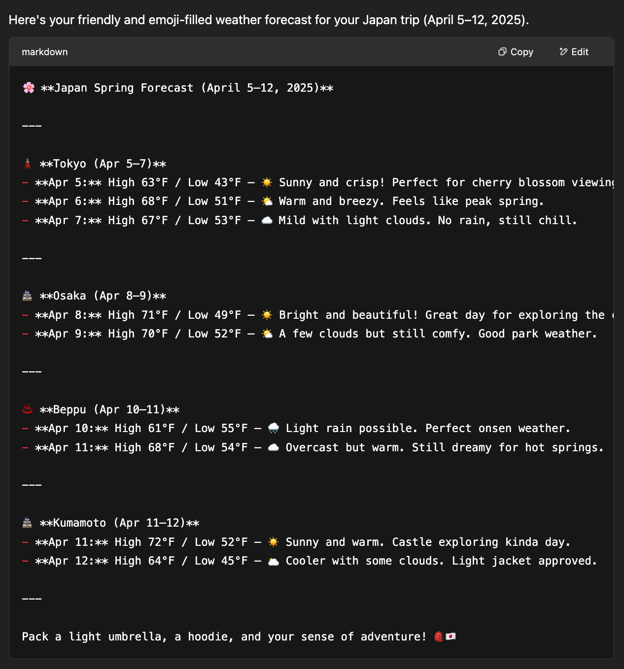 Example of ChatGPT's weather response formatted for easy sharing