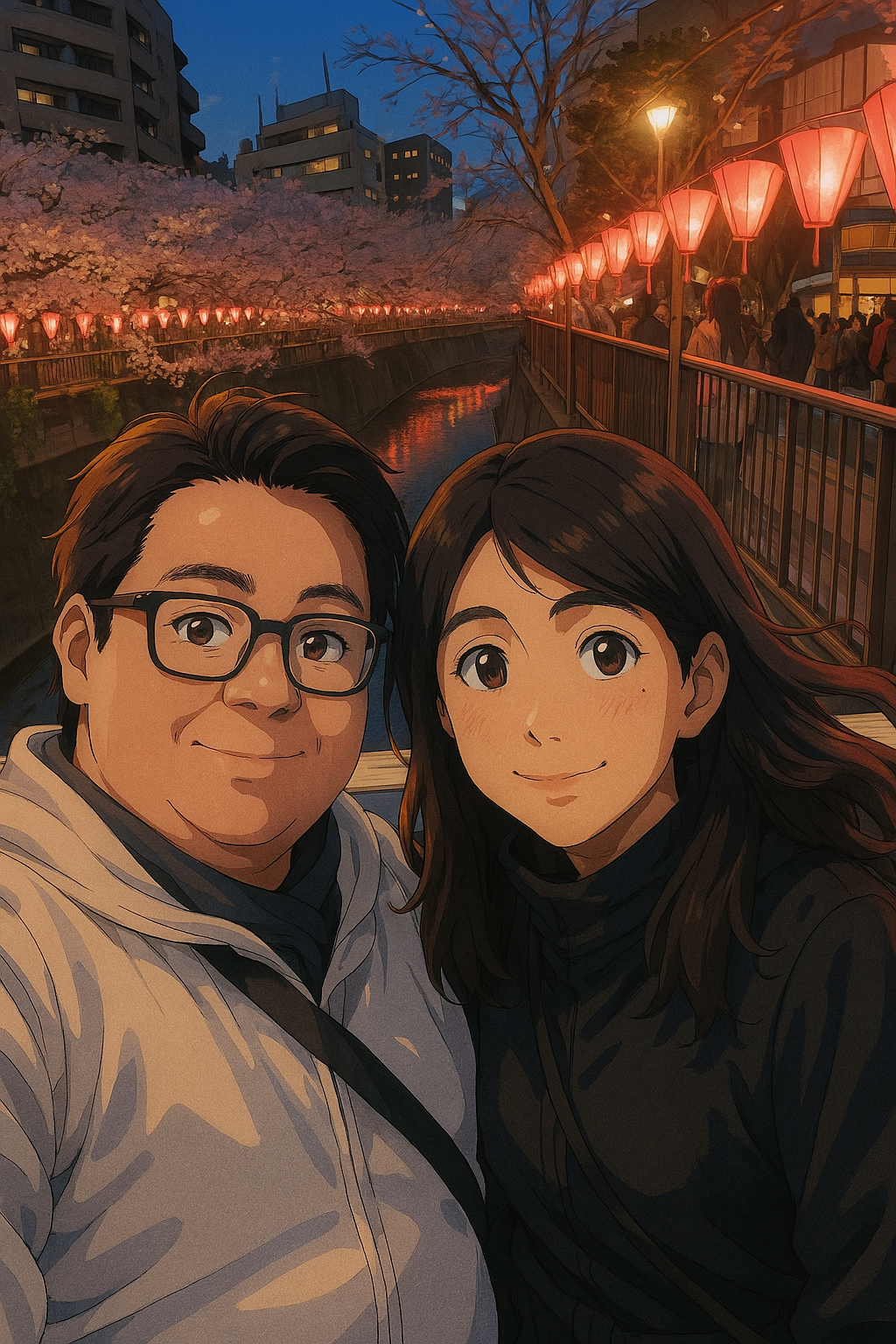 Cherry blossoms along Nakameguro canal in anime style