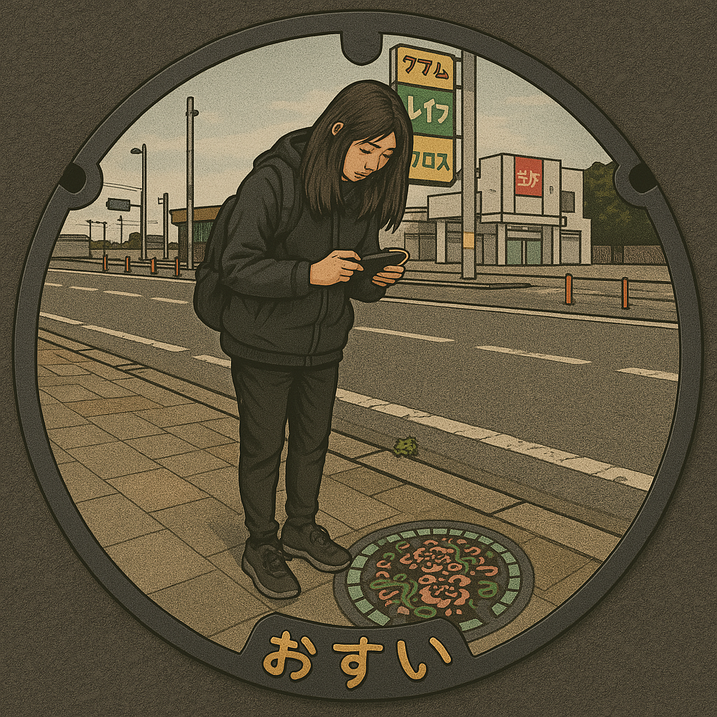 Anime-style interpretation of a picture frame manhole cover