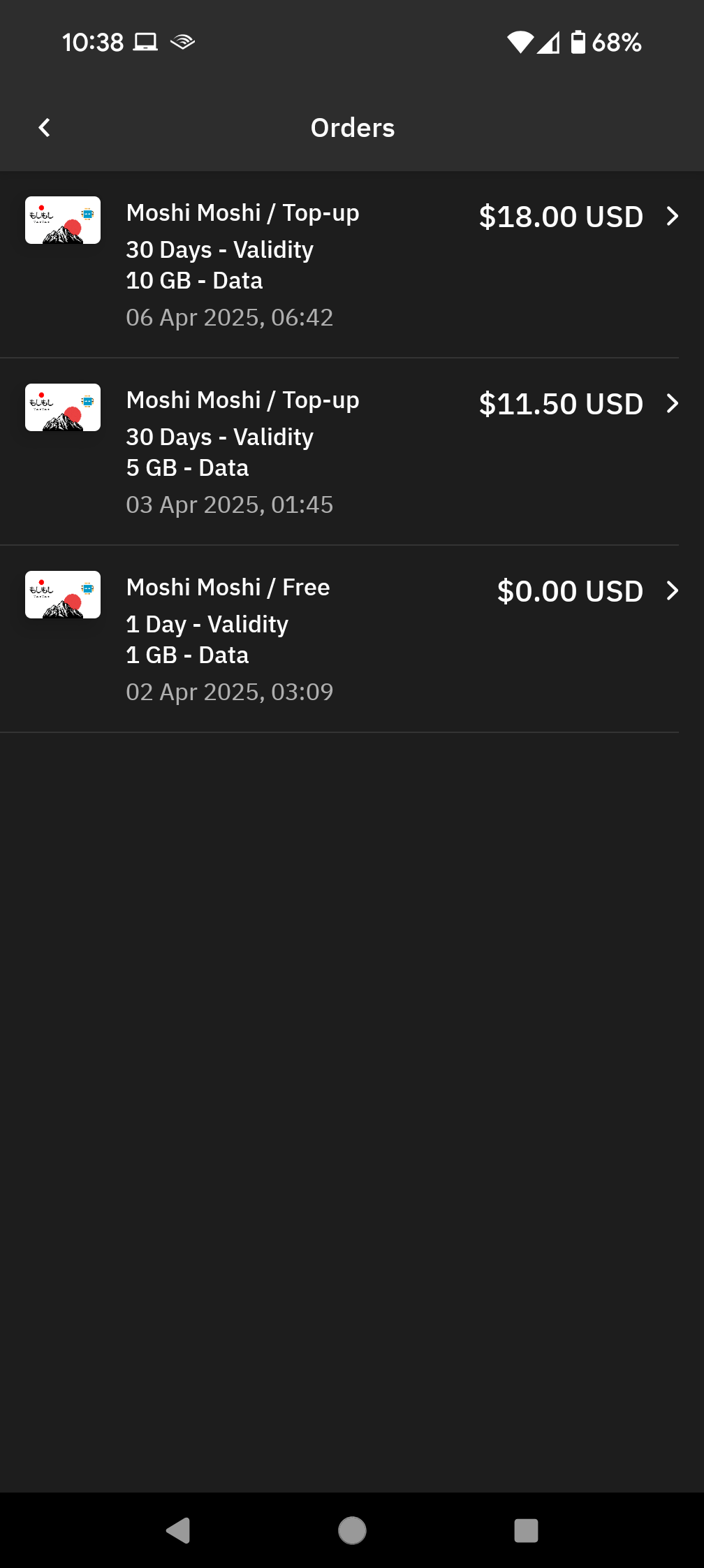 Airalo app showing purchase history and data packages