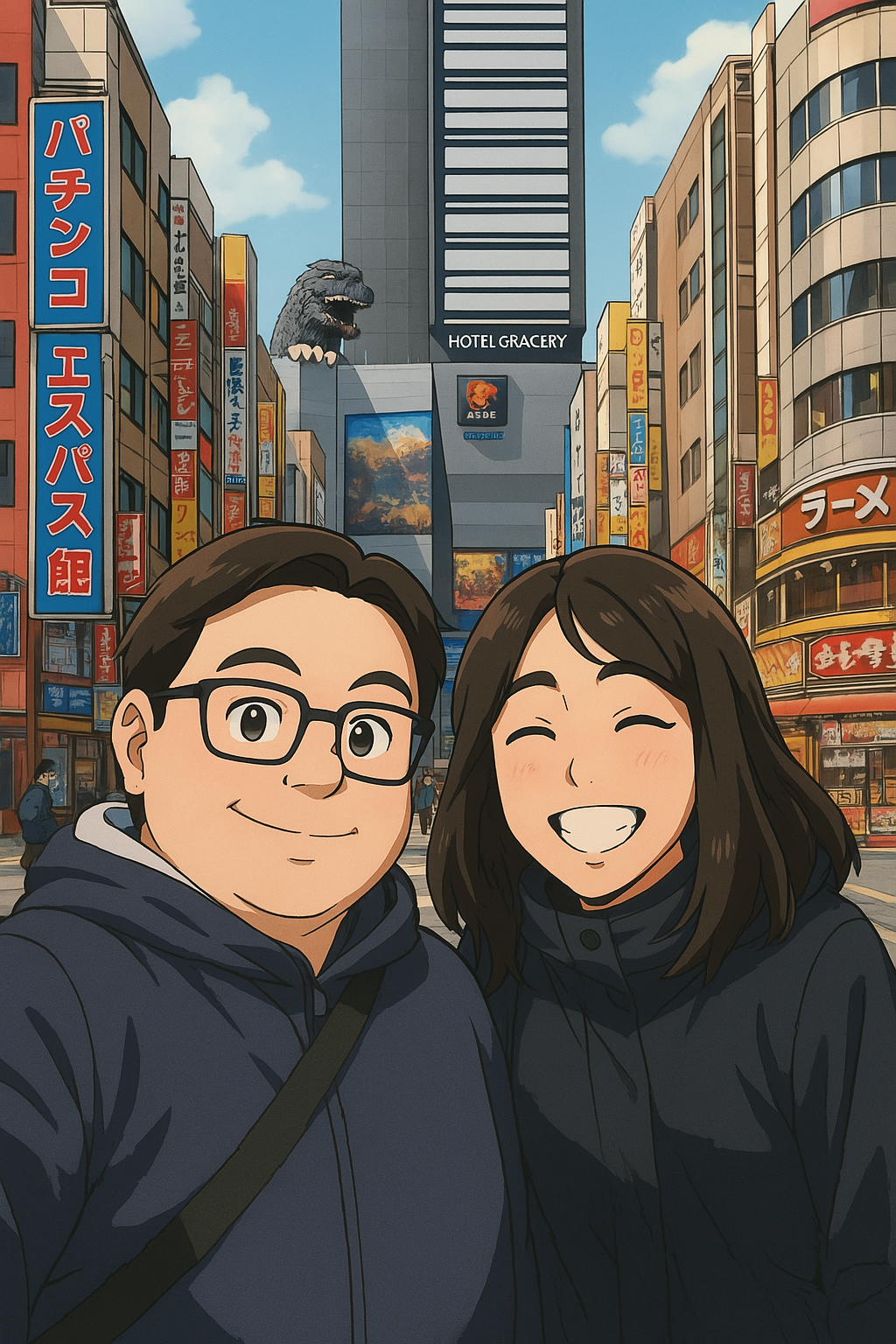 Anime-style interpretation of Shinjuku's bustling streets