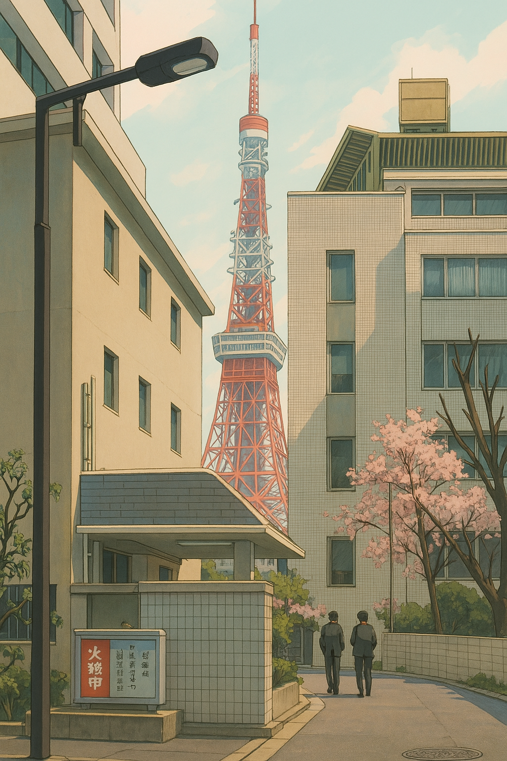 Tokyo Tower during daytime in anime style