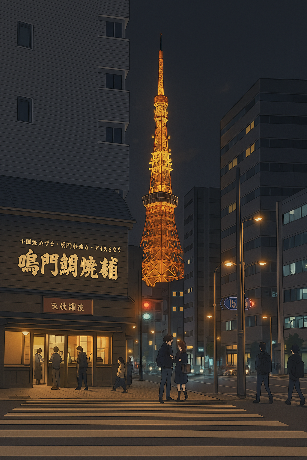 Tokyo Tower at night in anime style