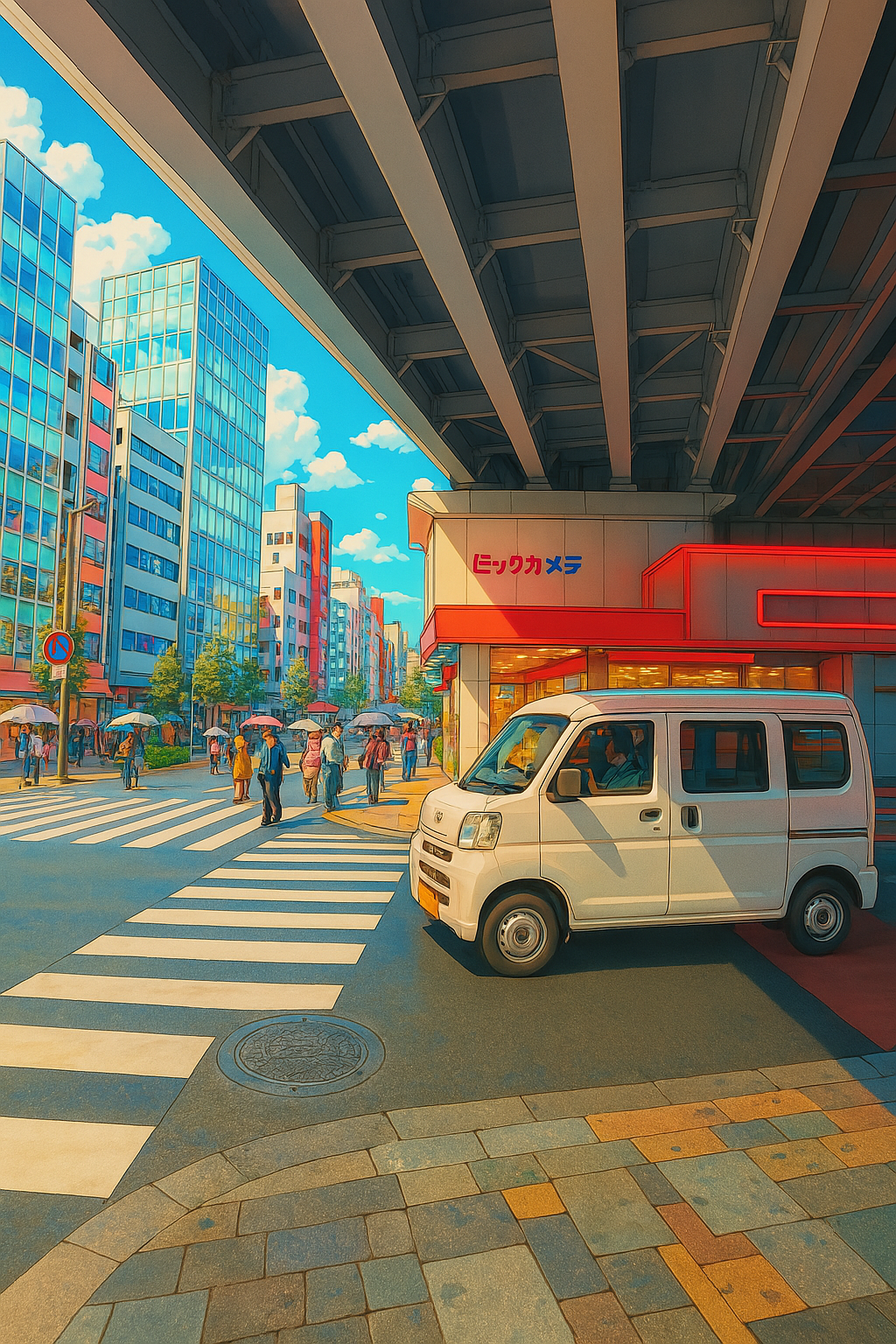 Delivery van in Tokyo streets in anime style