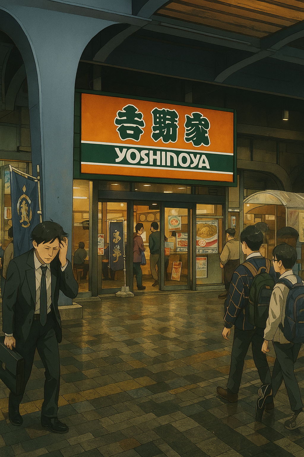 Yoshinoya restaurant front in anime style