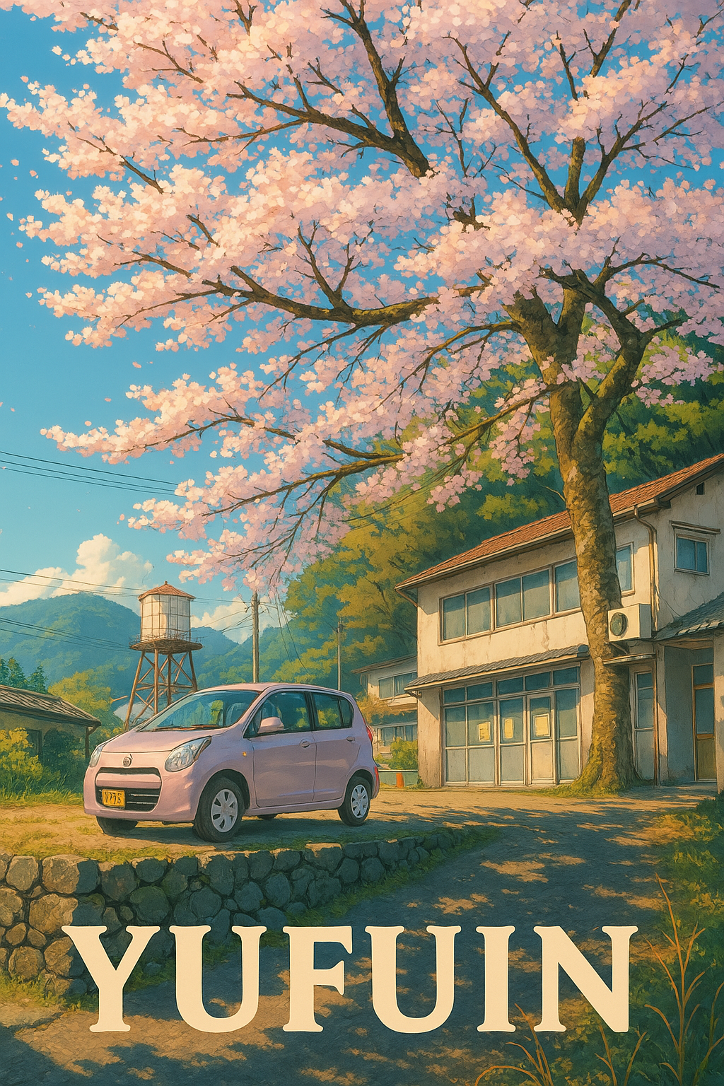 Serene Yufuin landscape rendered in anime style