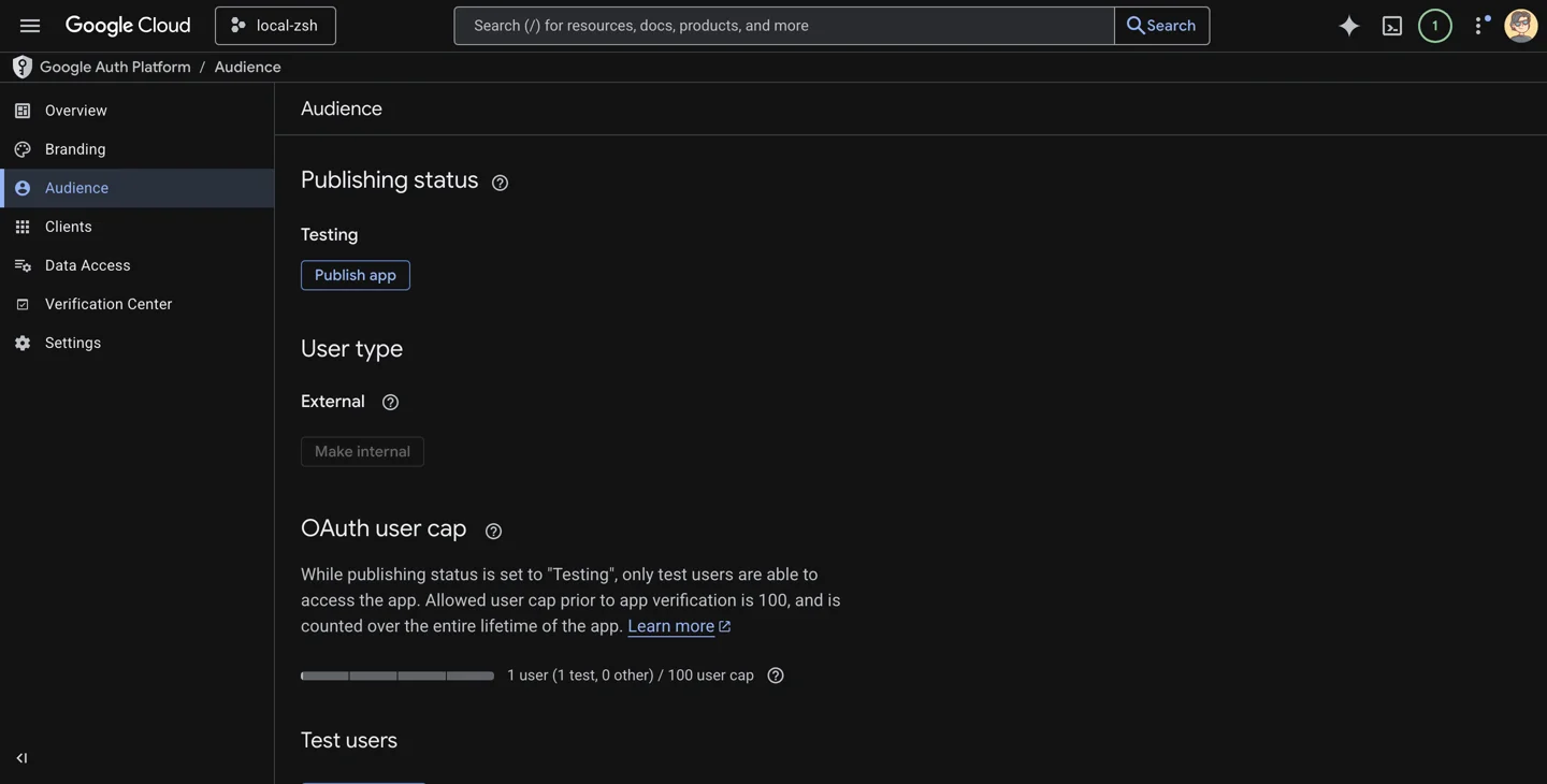Google Cloud Console Audience page showing Publishing status, User type, and Test users