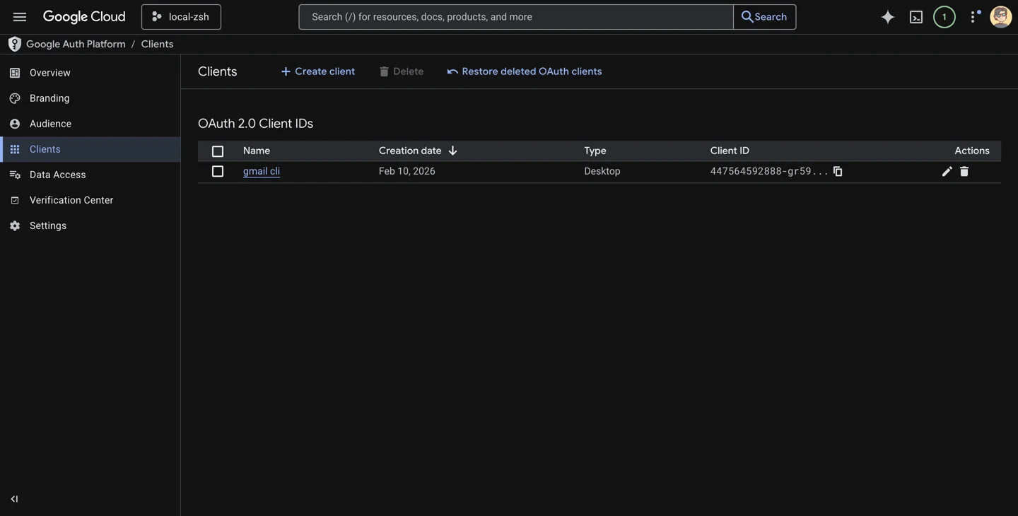 Google Cloud Console Clients page showing OAuth 2.0 Client IDs
