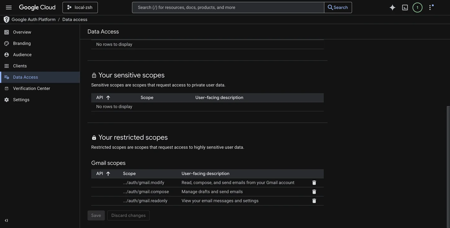 Google Cloud Console Data Access page showing scope configuration